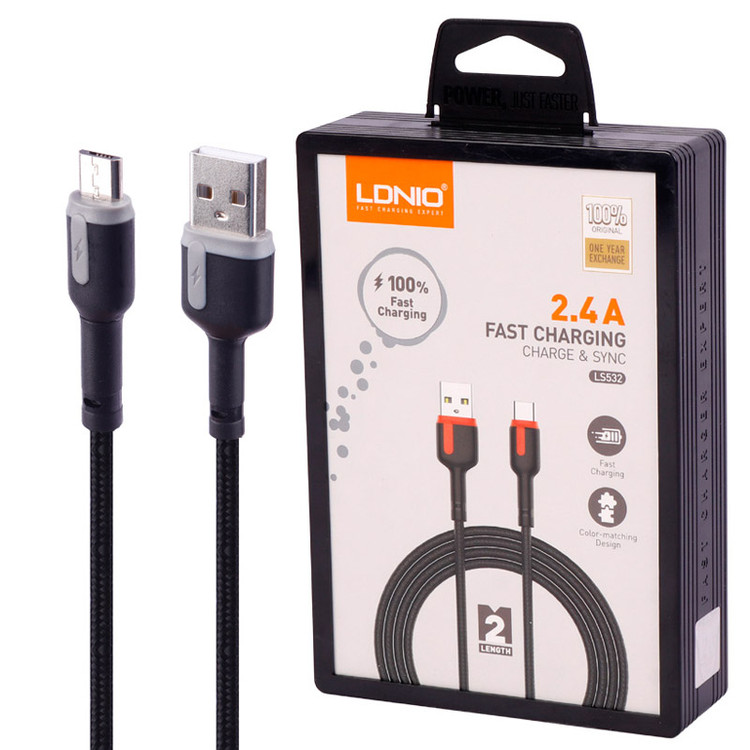 کابل میکرو یو اس بی فست شارژ 2.4 آمپر الدینیو LS532 طول 2 متر (اورجینال)
