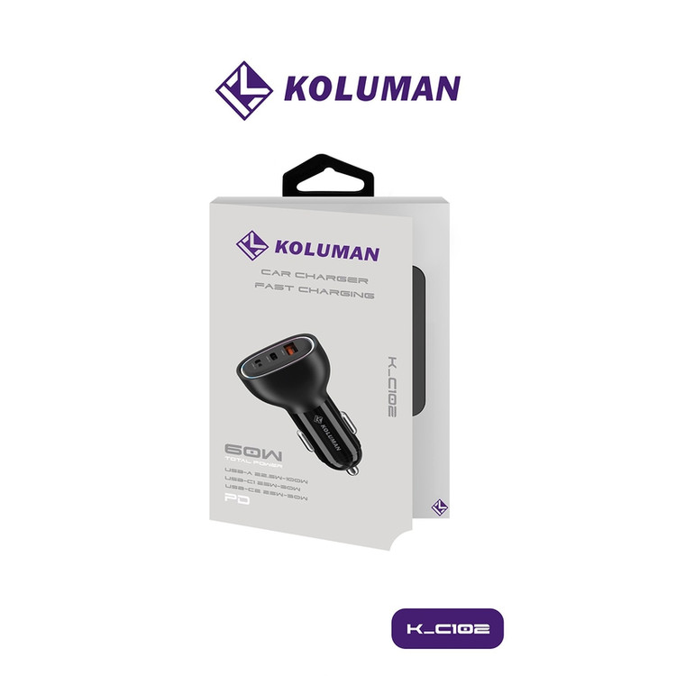 شارژر فندکی 60W فست شارژ PD سه پورت کلومن Koluman اورجینال مدل K-C102 مشکی