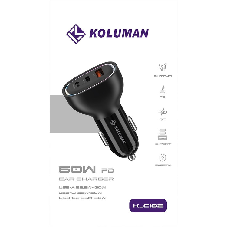 شارژر فندکی 60W فست شارژ PD سه پورت کلومن Koluman اورجینال مدل K-C102 مشکی