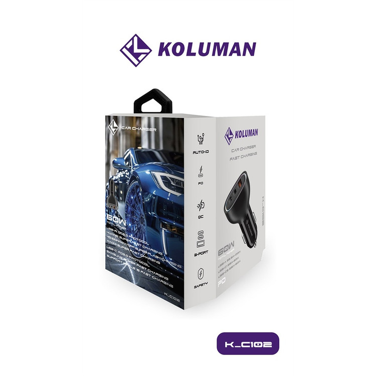 شارژر فندکی 60W فست شارژ PD سه پورت کلومن Koluman اورجینال مدل K-C102 مشکی