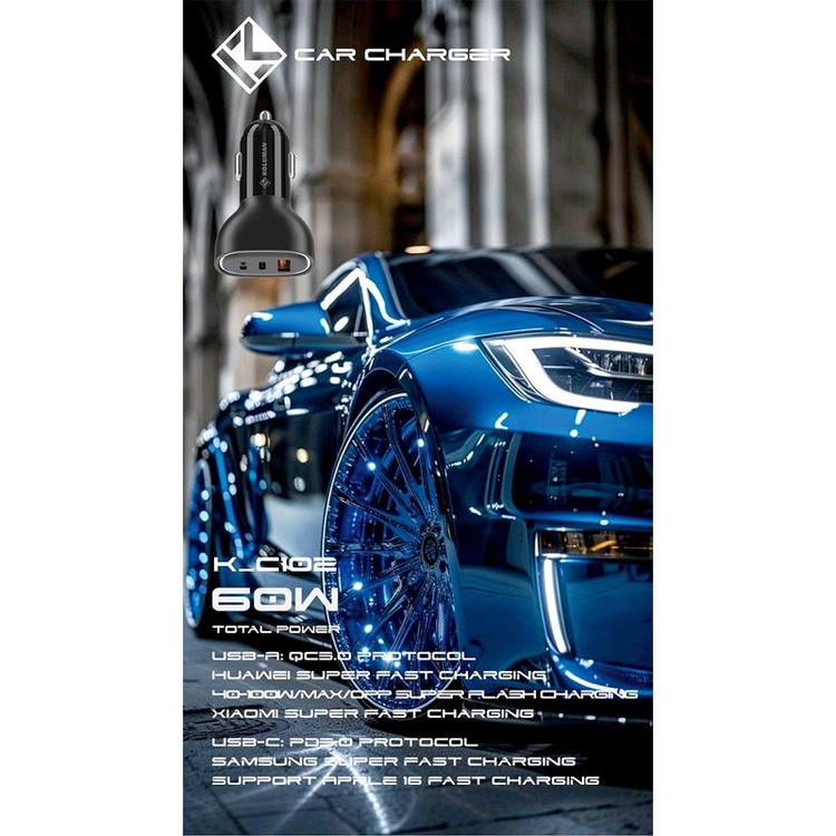 شارژر فندکی 60W فست شارژ PD سه پورت کلومن Koluman اورجینال مدل K-C102 مشکی