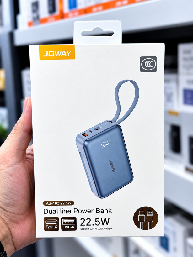 پاوربانک JOWAY AS-ظرفیت 20000 میلیآمپر ساعت با شارژ سریع 22.5 وات و دو کابل داخلی (کالای لوکس مجموعه)