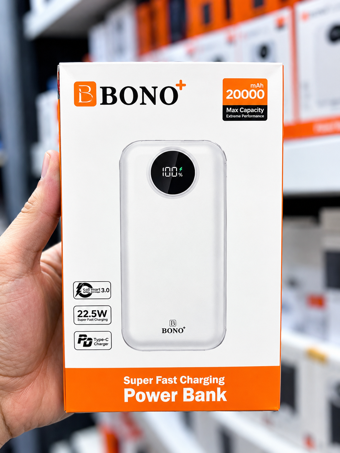 پاوربانک BONO+ PB2002 ظرفیت 20000 میلی‌آمپر ساعت، توان 22.5 وات و شارژ سریع PD